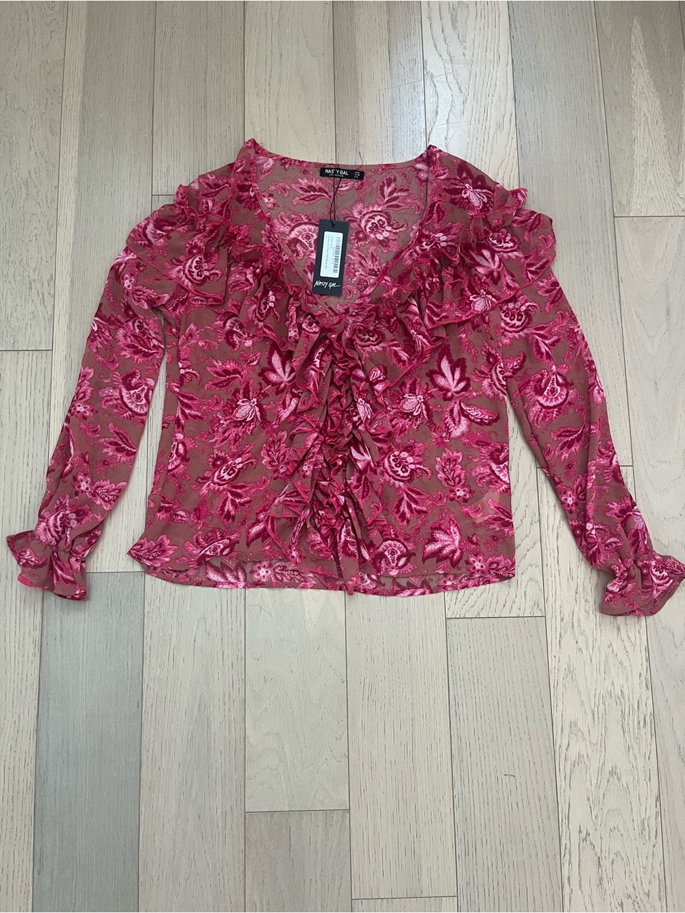 Nasty Gal Pink Floral Ruffle V-Neck Blouse